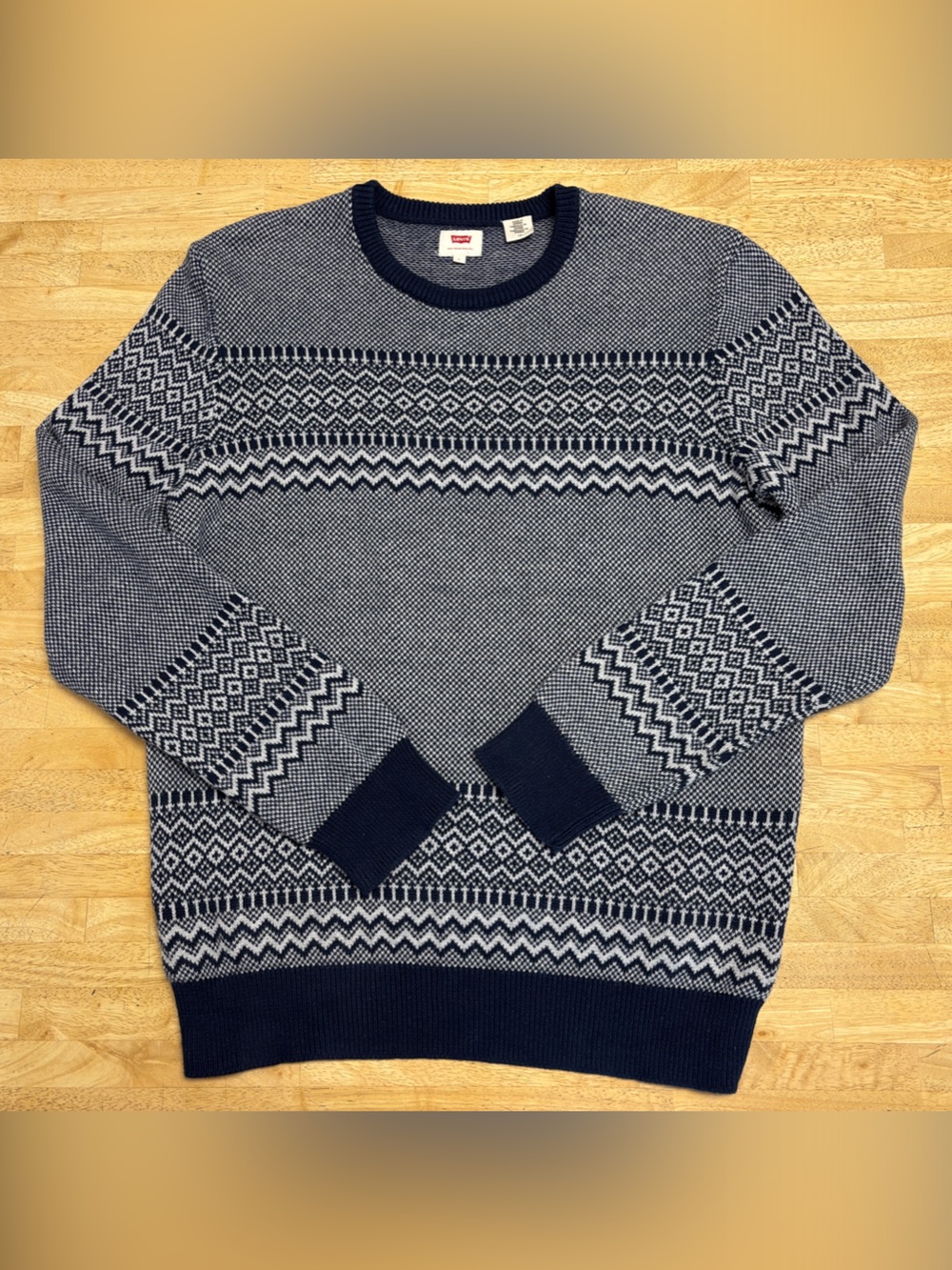 Levi's Fair Isle Nordic Geometric 100% Cotton Crewneck Sweater Navy White Large
